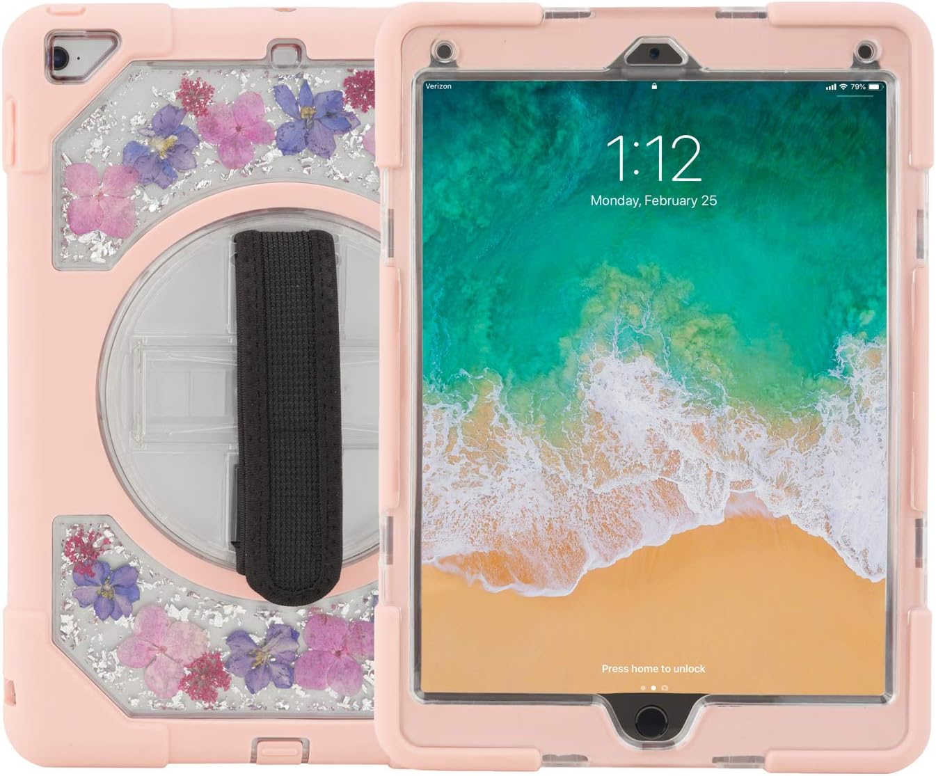 iPad 9.7" Case for 2018/2017 5th/6th, Kickstand, Shoulder Strap, handgrip, 360 Degress Rotatable With Dual-Layer Soft Silicone Shockproof Drop protection,Embedded Real Flower Technology, Floral/Pink