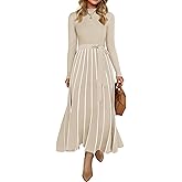 ZESICA Womens 2026 Spring Turtleneck Long Sleeve Sweater Dress Tie Waist Casual Loose Ribbed Knit A Line Midi Dresses