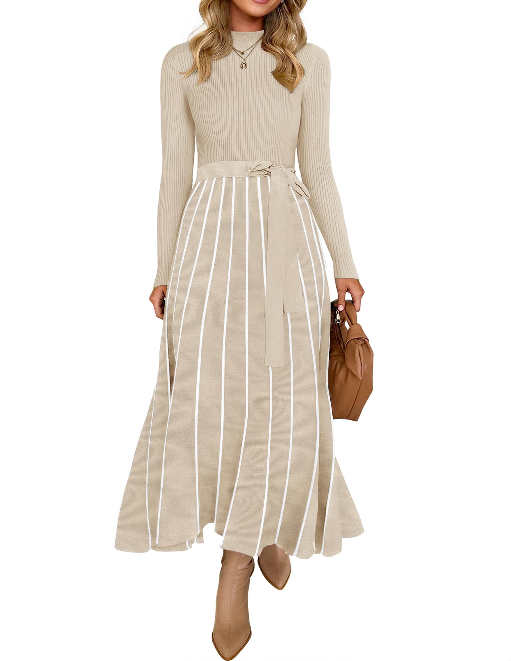 Photo 1 of Womens 2025 Fall Turtleneck Long Sleeve Sweater Dress Tie Waist Casual Loose Ribbed Knit A Line Midi Dresses,Apricot,