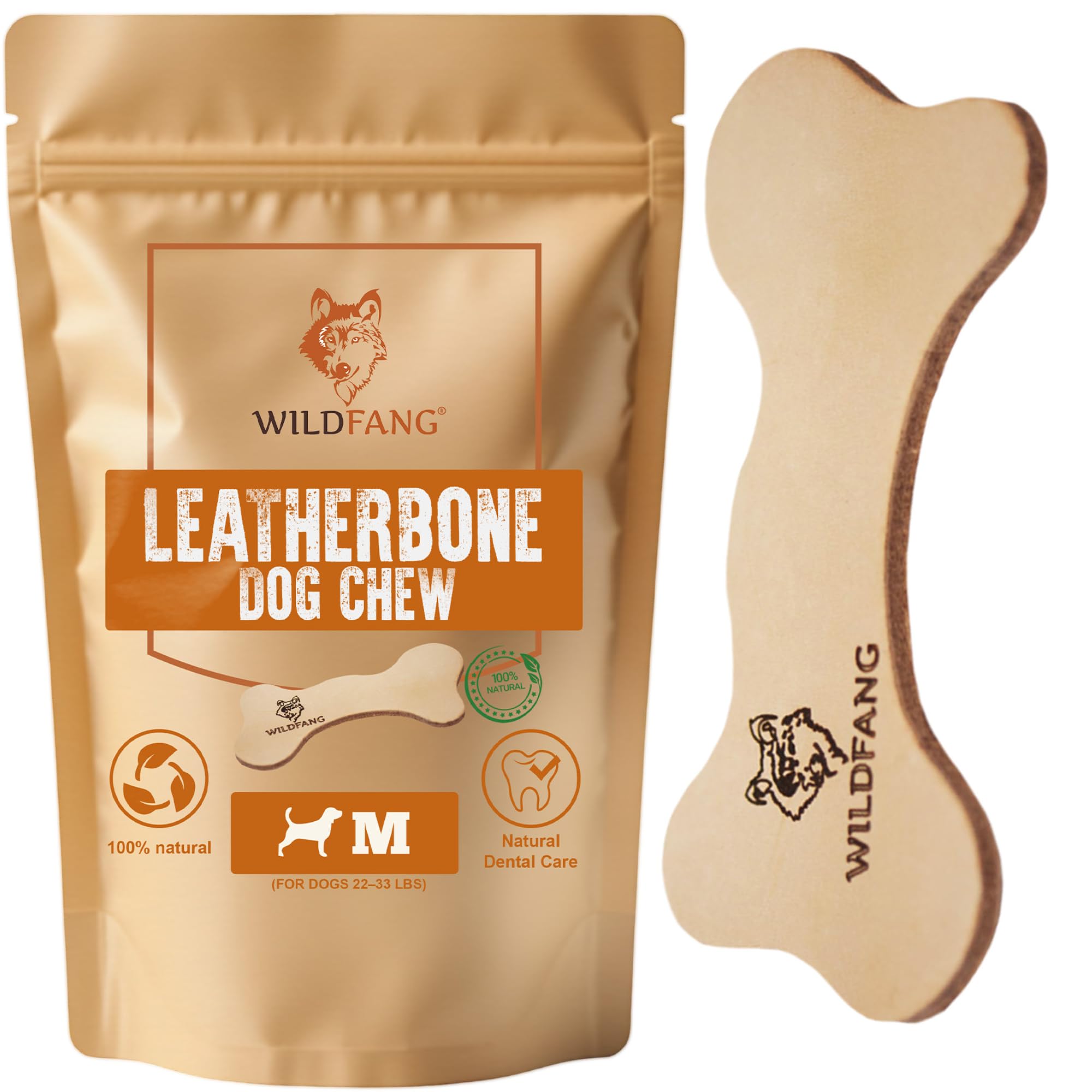 Wildfang® Dog Chew Toys, Medium - Leather Bone Puppy Teething Toys, Dog Teeth Cleaning Bone, Adult Dogs Chew Toy for Light to Medium Chewers (For Dogs 10-15kg), Pack of 1