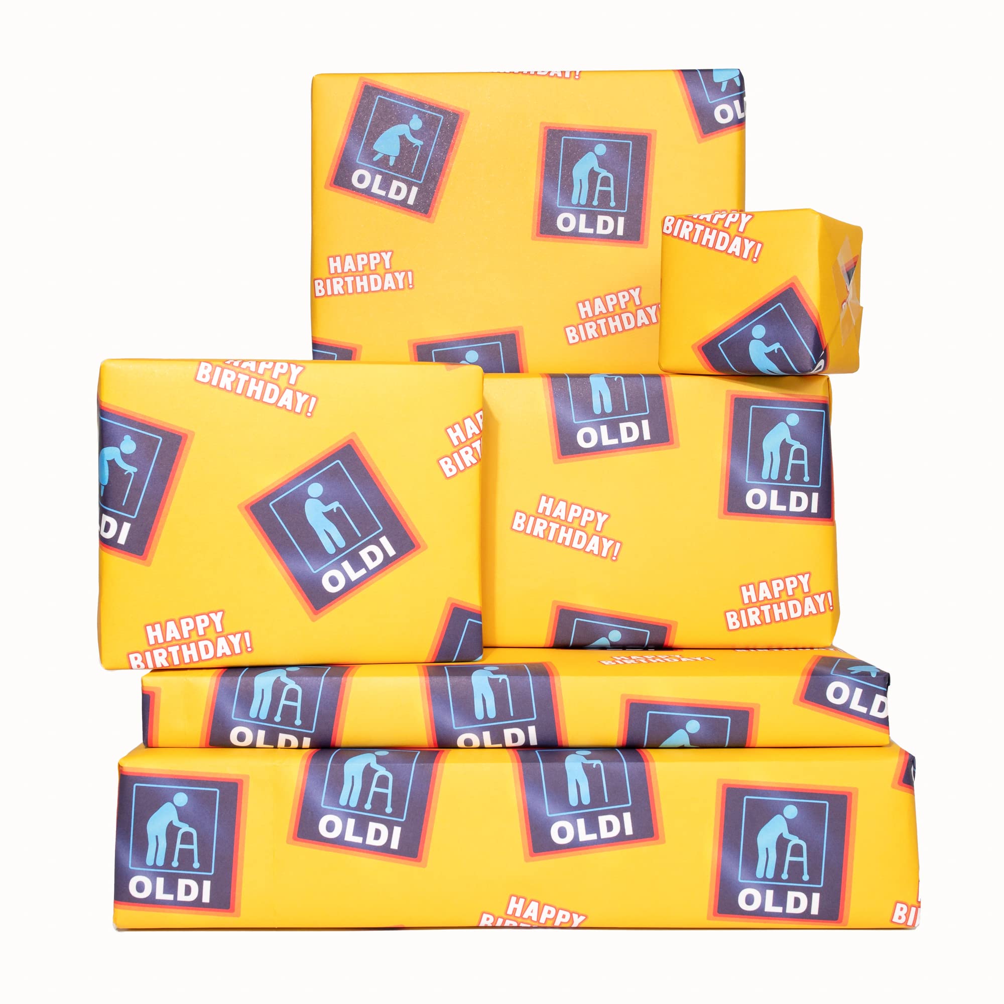 Funny Christmas Wrapping Paper - Oldi Wrapping Paper - 6 Sheets of Gift Wrap - 'Happy Birthday Oldi' - Blue Yellow - For Husband Wife - Mum Dad - Recyclable - By Central 23