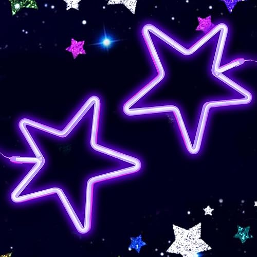 UrsaMajor Purple Neon Sign, 2 Pack Star Neon Lights Battery or USB Operated Wall Decor for Girls Bedroom, Purple Lamp for Party, Birthday, Wedding, Holiday, Indoor,Outdoor, Valentine Gifts