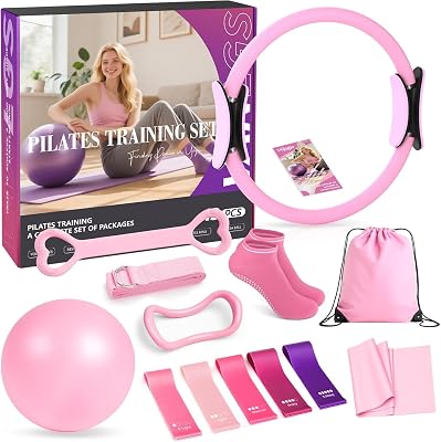 Vanlgs Pilates Kit 13Pcs Home Pilates Essentials Workout Kit with 13" Ring, 10" Ball and Resistance Bands for Women at Home Pilates Equipment Set for Beginners（Pink）