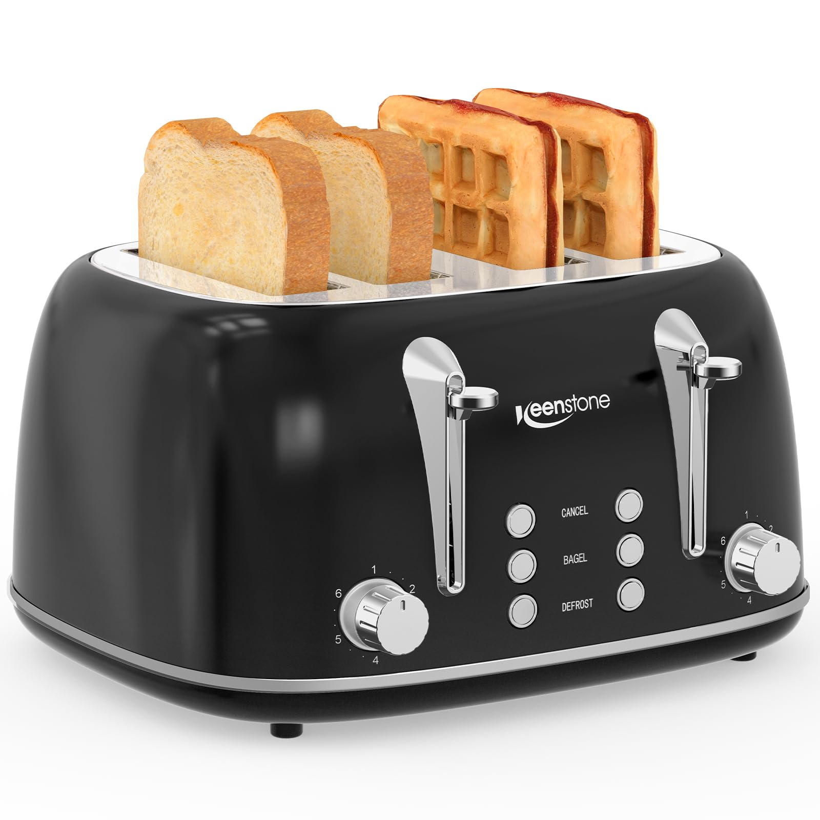 Keenstone Toaster 4 Slice, Retro Stainless Steel Wide Slot Toaster with Dual Independent Controls, 6 Browning Levels, Bagel, Defrost, Reheat & Cancel, Removable Crumb Tray, Black Image