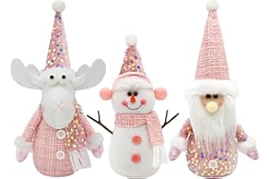 Knomeko Pink Christmas Decorations - 3Pcs Pink Snowman, Santa, Reindeer Plush Pastel Christmas Decor for Home Office- Winter Table Decor Gifts for Women