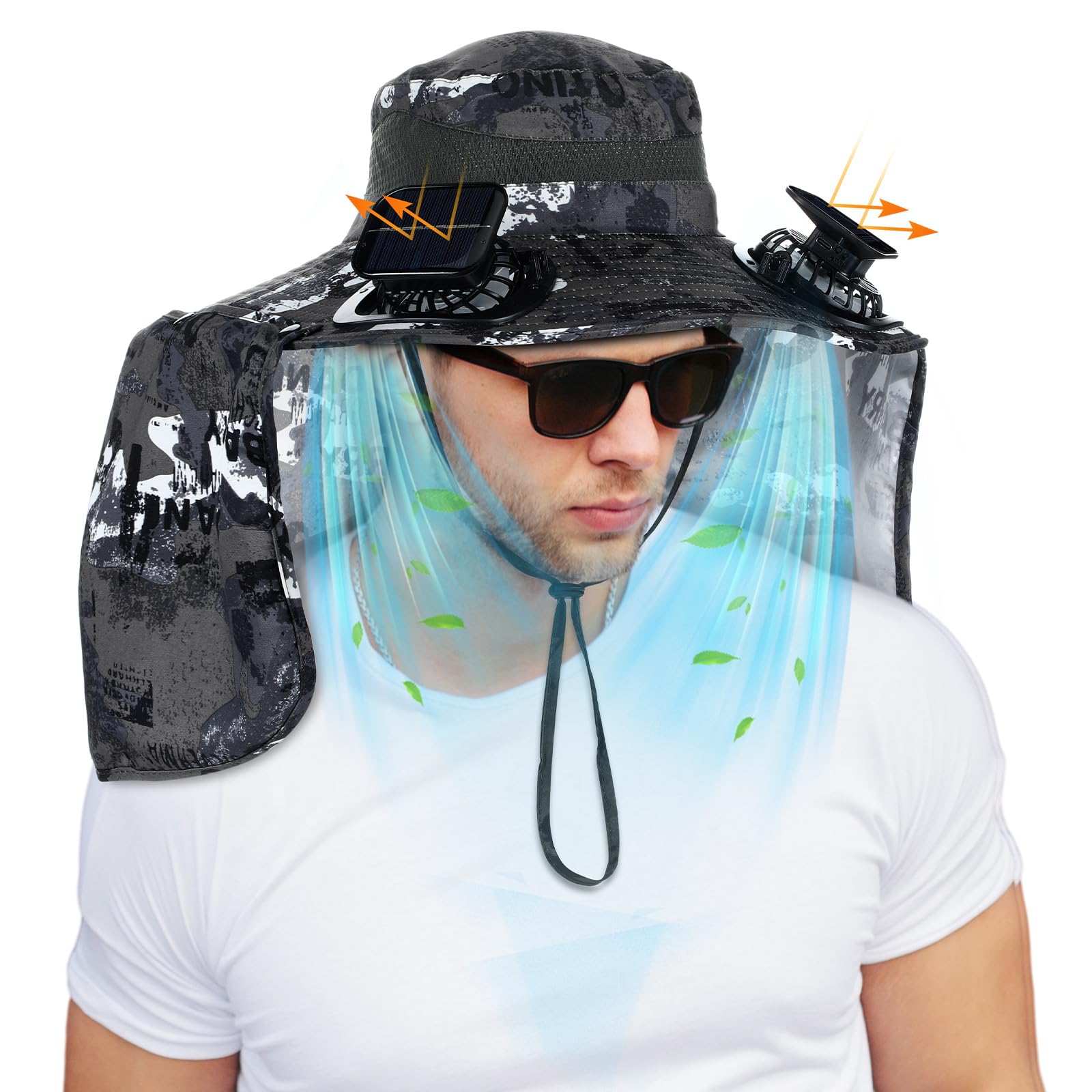 Photo 1 of Chuarry Wide Brim Sun Hat with 2 Fan Outdoor Solar Powered USB Charging Fishing Hat with Neck Flap for Men Women(Green and White Camouflage)