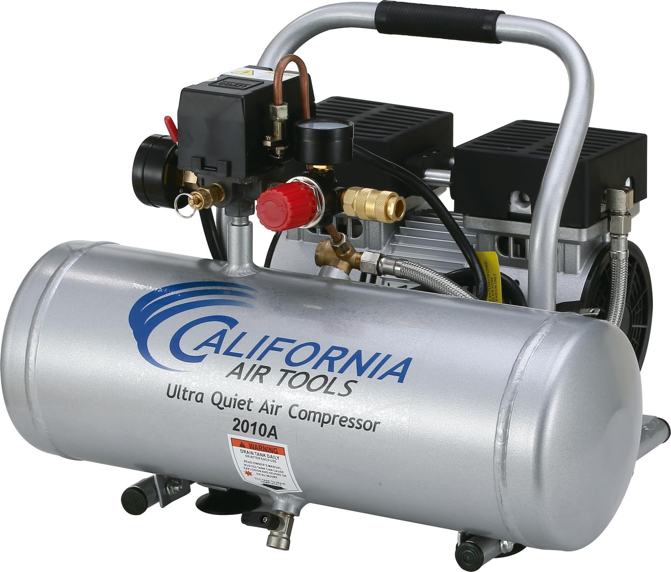 California Air Tools 2010a 1.0 HP Compresor de aire ultra silencioso y sin aceite, tanque de aluminio de 2 galones, nivel de ruido de 60 DBA, plata