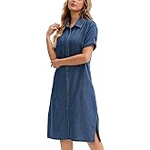 CIMUK Women's Midi Denim Dress Summer Short Sleeve Button Down Casual Loose Long Tunic Jean Shirt Dress