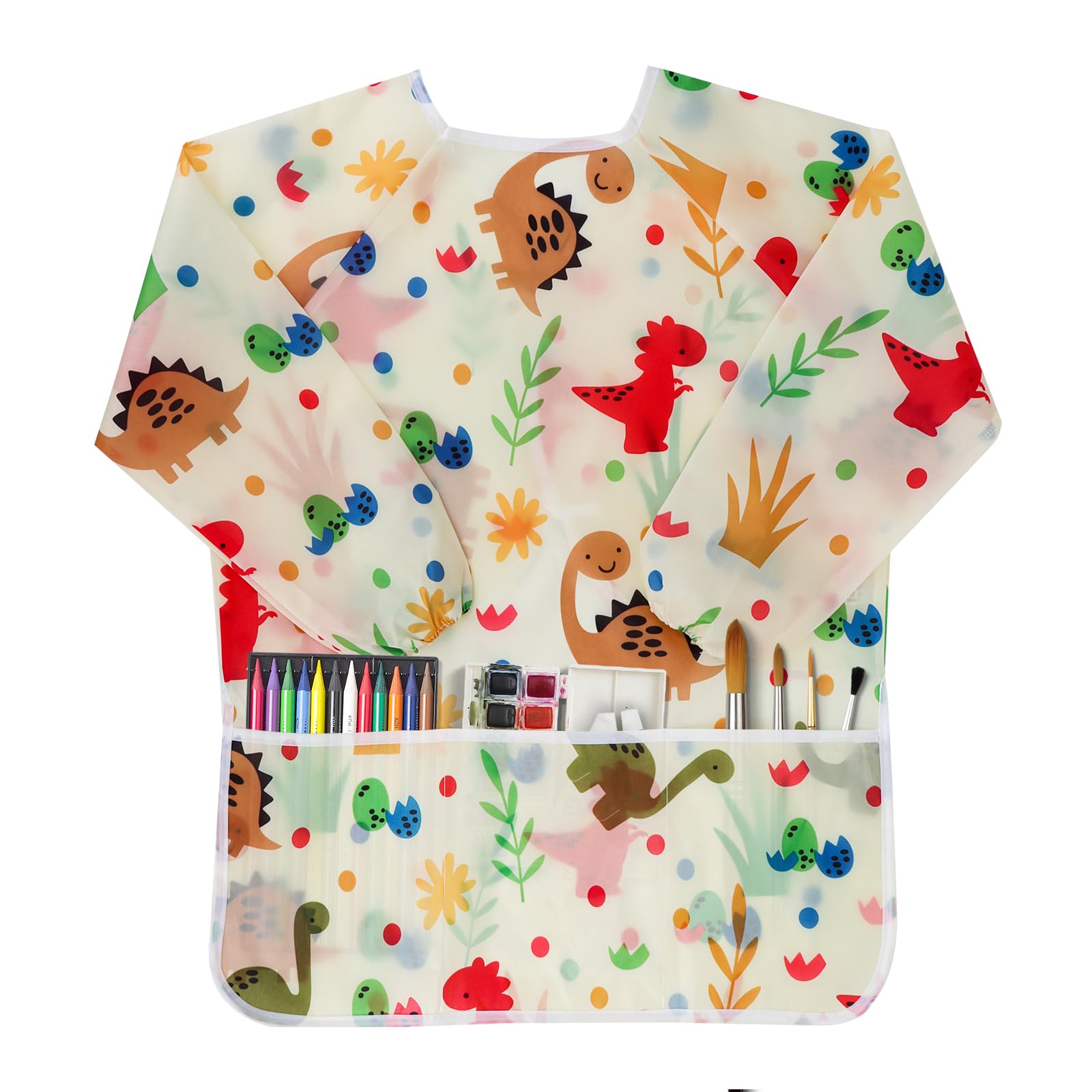 BAHABY Kids Art Smocks Dinosaur Painting Aprons for Children Waterproof Artist Smock with Long Sleeve and 3 Pockets for Age 3-8 Years (Off white)