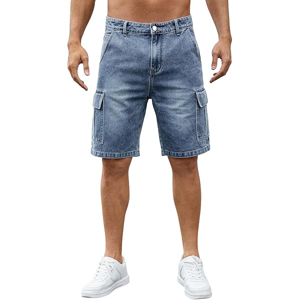 LONGBIDA Men's Loose Fit Denim Cargo Shorts with Multi Pockets