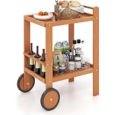 Tangkula 2-Tier Rolling Bar Cart with Rubber Wheels, Natural | Wine Bottle Holders, Wood Construction, Indoor Outdoor Use, fo