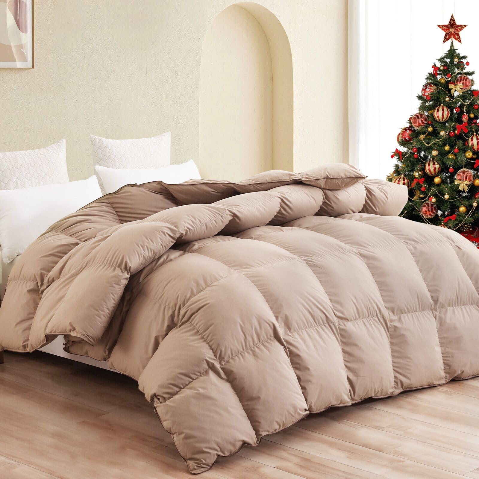 Photo 1 of SNOWMAN Premium Down Comforter Queen Size, Luxurious All Season Duvet Insert with Cotton Blended Fabric, 3D Baffle Box Design Hotel Bedding Comforter (Khaki,90"x90")