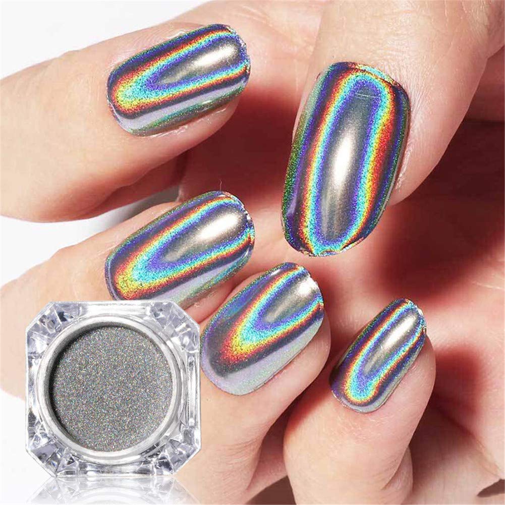 REMEE 1 Box Holographic Laser Nail Art Powder Glitter Rainbow Holo Effect Powder Mirror Pigment Nail Dust Decoration (sliver)