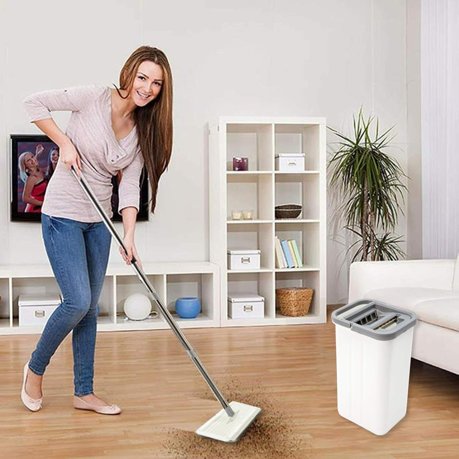 HTKMOS Microfiber Floor Flat Mop and Bucket Set -Flat Squeeze Mop,Cleaning Mop System 4 Washable & Reusable Microfiber Pads Included for Stainless Steel Handle Wet and Dry: Kitchen & Dining
