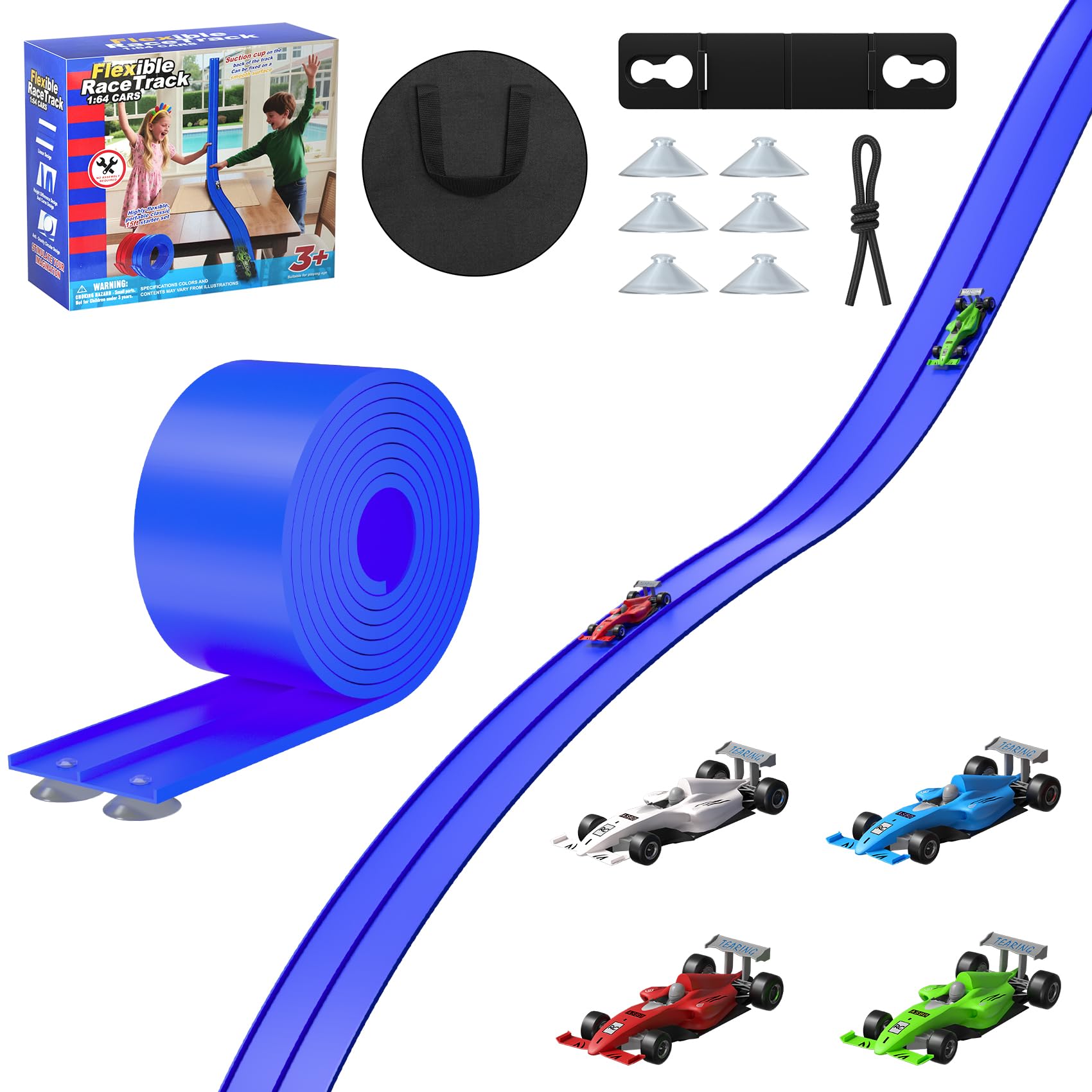 5M Flexible Race Track with 4 Cars & Storage Bag - DIY Car Ramp Track for Jumps, Loops, Ramps - Portable Roll-Up Dual Racetrack for Indoor Outdoor Play, Ages 3+ (Blue)