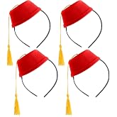 SGBETTER 4 Pcs Fez Hat Headbands Mini Red Hats Small Fez Hat Headwear Bopper with Gold Tassels for Adult Kids Halloween Cosplay Costume Accessory