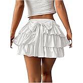 BEAUDRM Women's Bow Back Mini Skirt Elastic Low Waist Layered Ruffle Hem Short Cake Skirts
