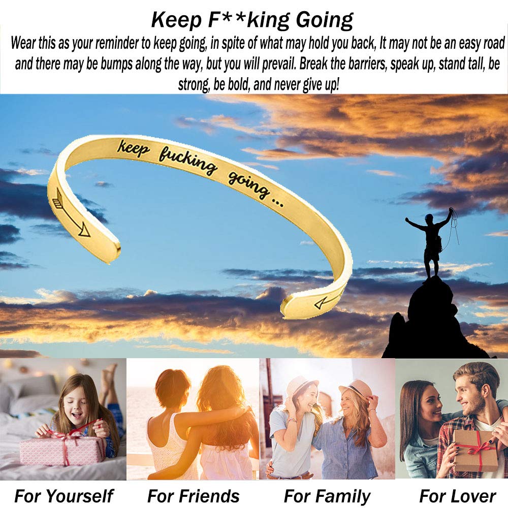 GAGAFEEL Inspirational Bracelet Mantra Cuff Engraved Keep Going Stainless Steel Bangle Encouragement Jewelry Gift for Women Girl Teen Friends (Gold)