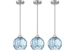 Dolaimy House Hanging Modern Farmhouse Pendant Light Fixture,6.3" Hammer Globe Blue Glass 3 Pack Mini Pendant Lighting Brushed Nickel Finish for Kitchen Island Dinning Over Sink Living Room Decor