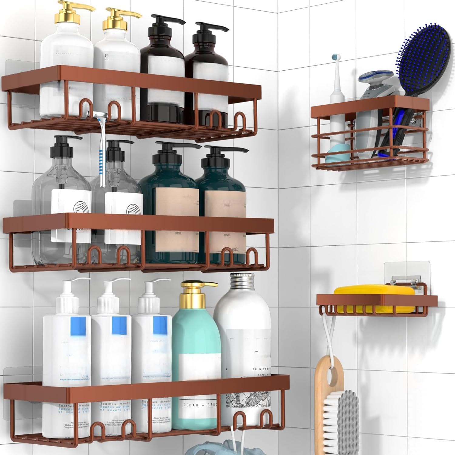 Moforoco Adhesive Shower Caddy Organizer Shelves Rack - 5 Pack Corner Bathroom Storage Organization, Home & Kitchen Decor Inside RV Accessories, Hanging First Apartment Household Camper Essentials