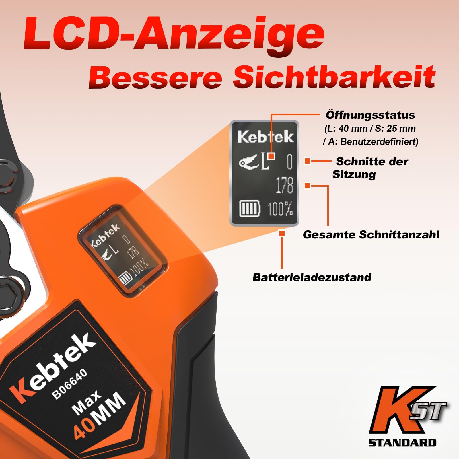 Kebtek B06640 Elektrische Gartenschere mit Akku progressive Schnittfunktion, Max 40mm profi kabellose astschere mit 4000mAh Akku, kompatibel mit Makita 18V Akkus, tragbares Gartengerät 8