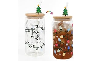 Joyseller Christmas Gifts, 18oz Color Changing Christmas Lights Iced Coffee Can Glass, Christmas Glass Cup with Lid and Straw, Holiday Tumbler, Christmas Decorations