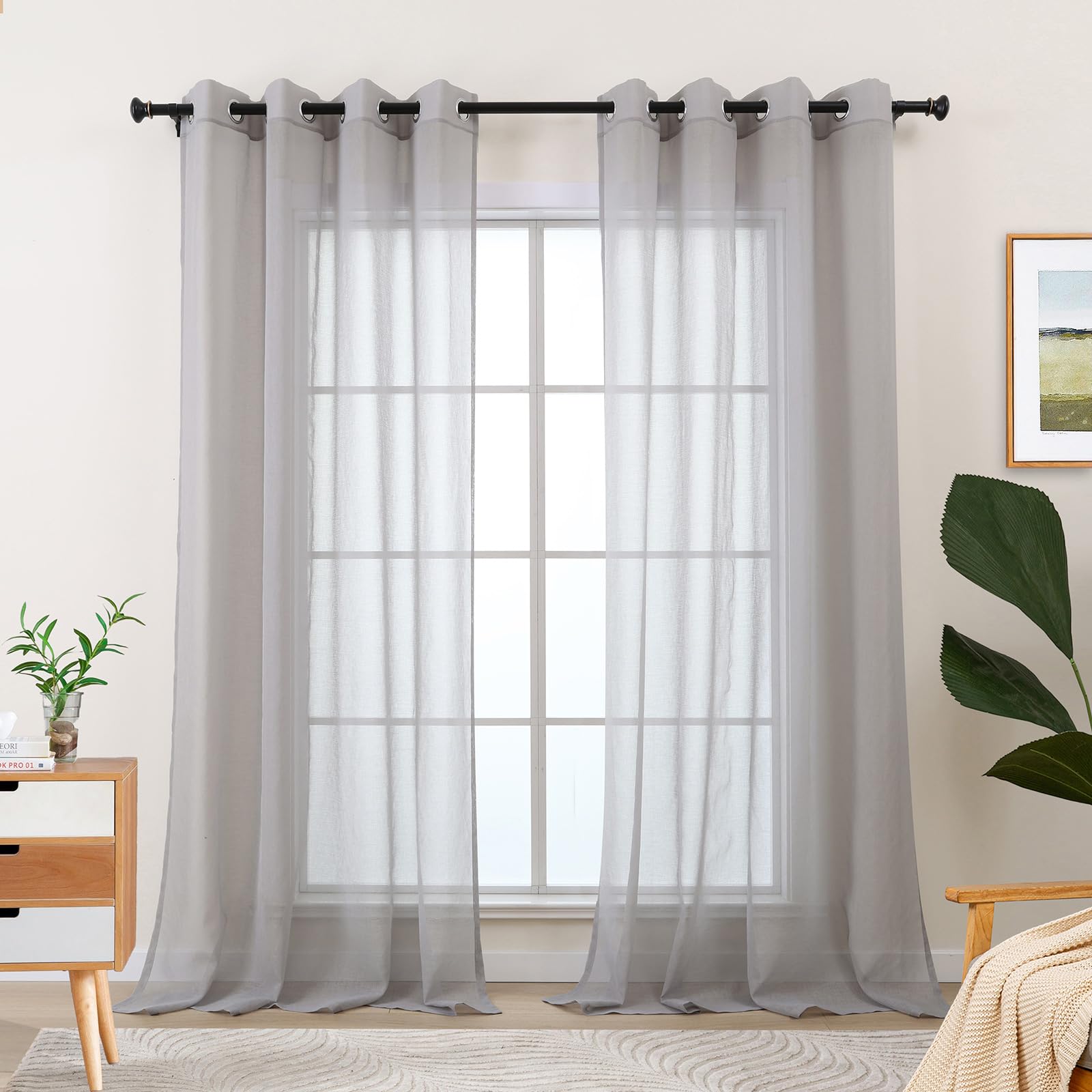 L.Z.E Sheer Curtains for Windows, Light Grey Curtains & Drapes for Living Room Bedroom Nursery, 57-58 Inch Drop & Short Eyelet Sheer Curtains, 2 Panels Set Light Linen Look