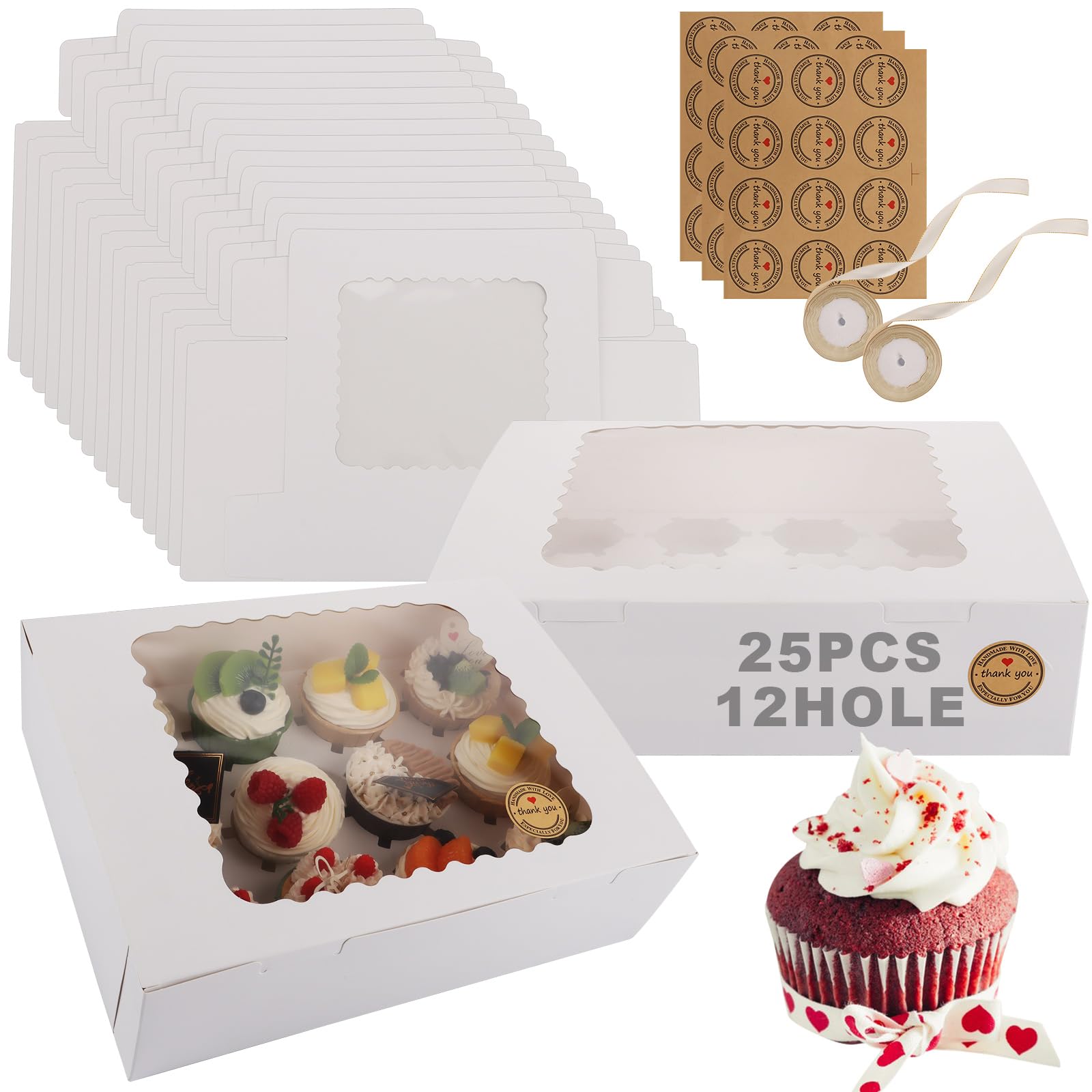 SHUESS 25 Pack Cupcake Boxes 12 Hole with Clear Window - White Cup Cake Boxes - 32.5 x 24.8 x 9 cm Dessert Box with Removable Inserts, Ideal for Cakes, Cupcakes, Muffins, Pies, Pastries, and Doughnuts
