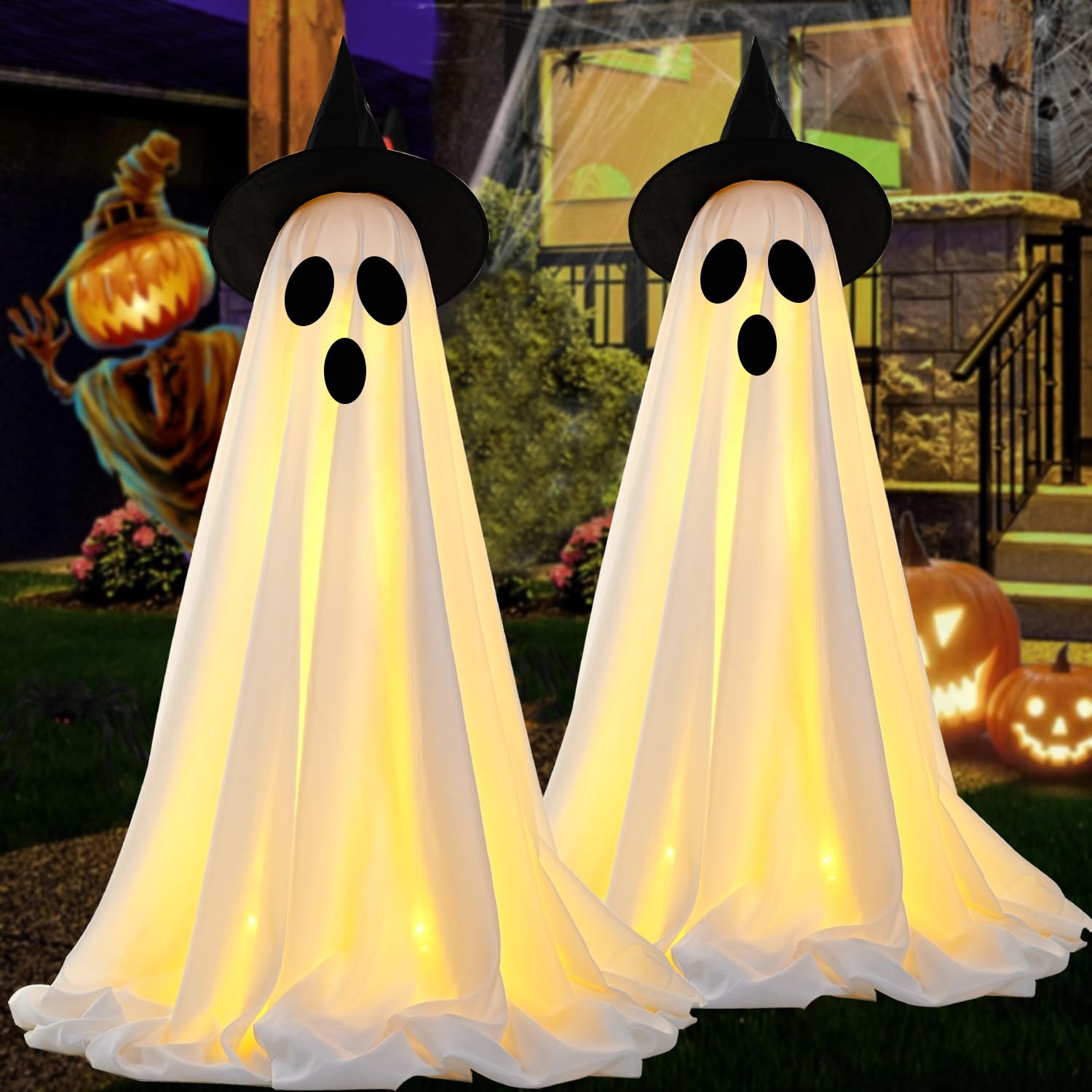 Photo 1 of [Timer] 2Packs Halloween Decorations Outdoor, Cute Halloween Decorations Indoor, Spooky Ghost Halloween Decor with Witch Hat, Scary Ghosts Decor with LED Lights for Front Porche Yard Garden Home