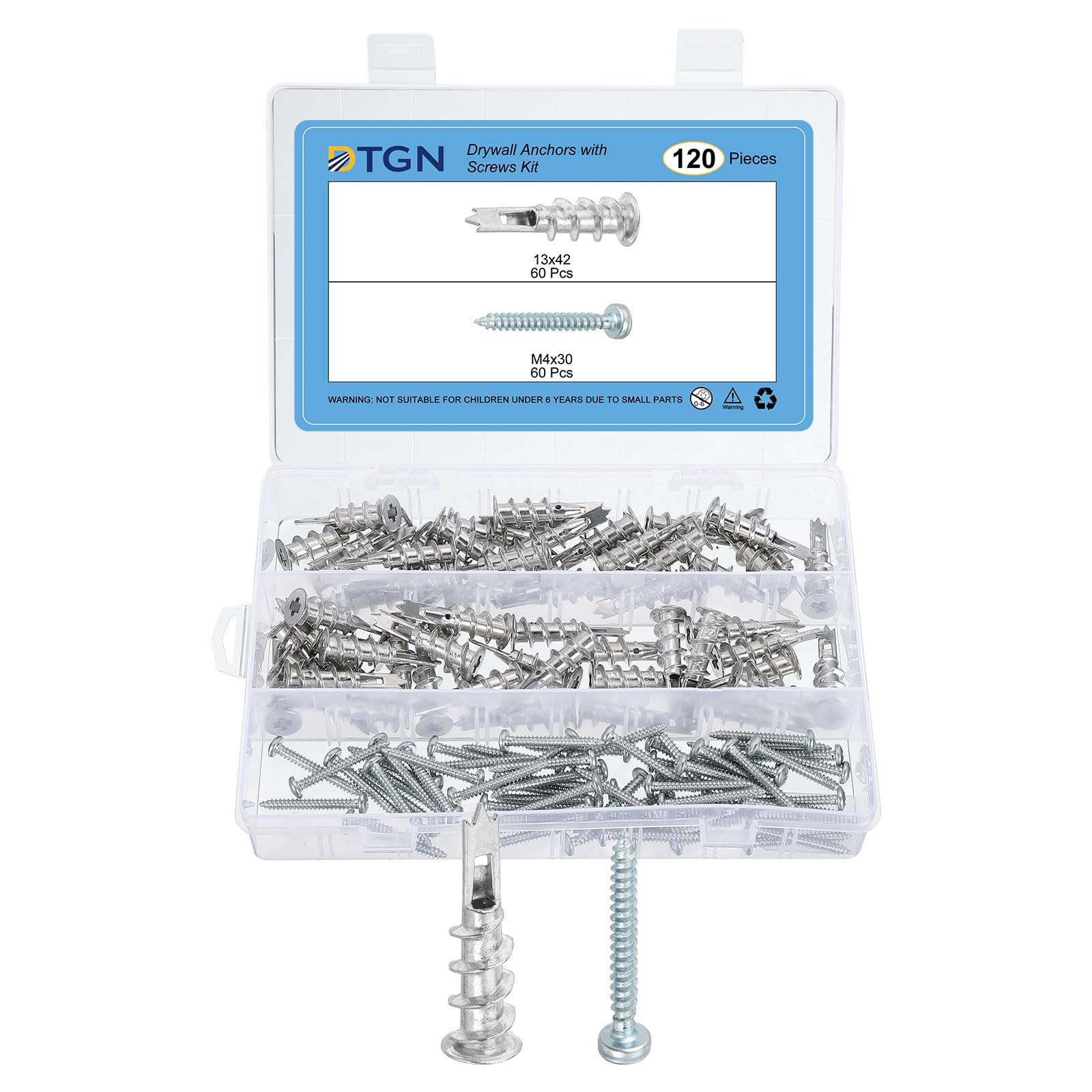 DTGN 13x42mm Self-Drilling Drywall Anchors with Screws Kit - 60 Set - Good for Concrete Tile Cement - Zinc Alloy Hollow Wall Anchors Kit with Screws