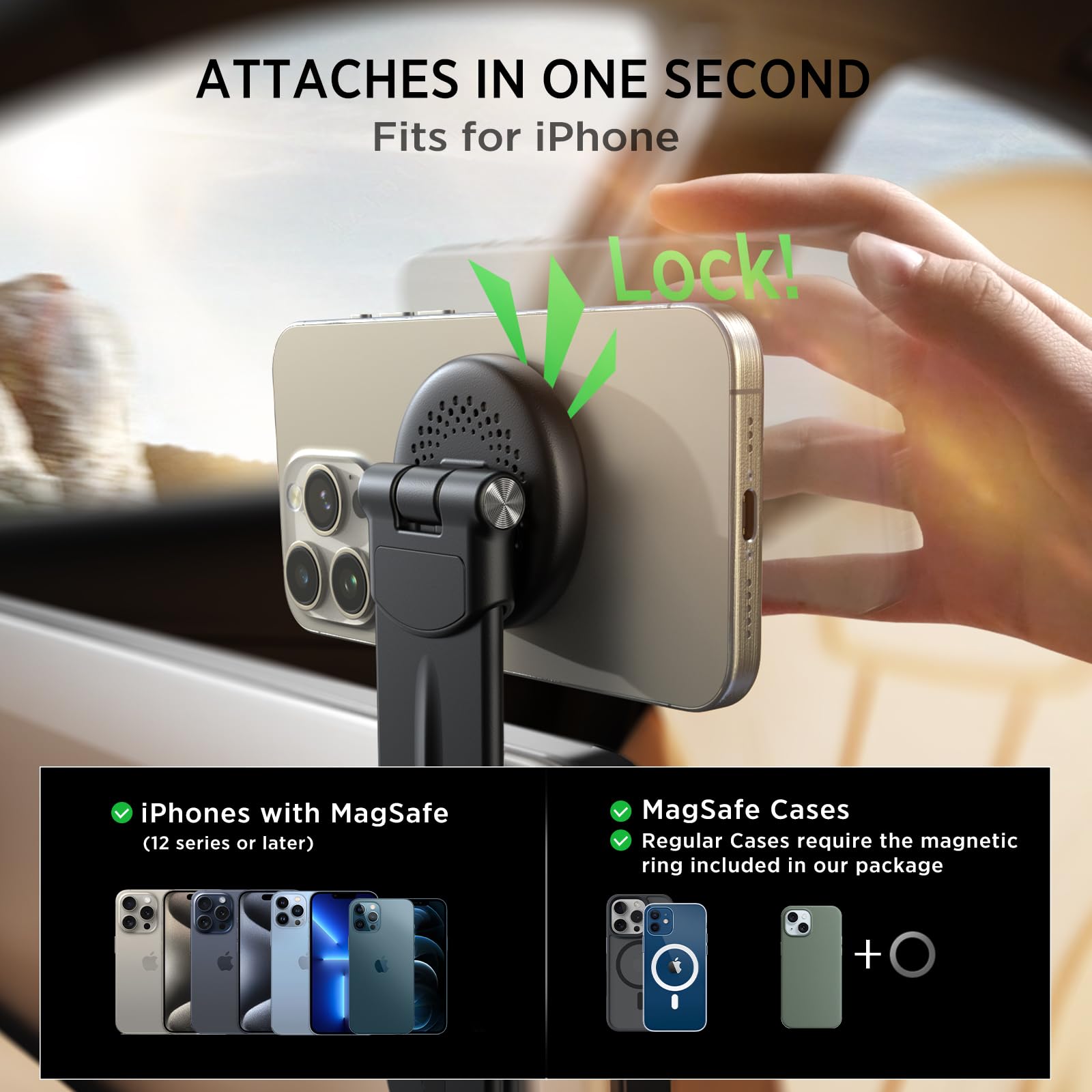 15W Only for iPhone MagSafe Car Mount Charger, 360% Adjustable Aluminum Alloy Arm, Relocatable Car Phone Holder, Magnetic Wireless Fast Charging, Cell Phone Holder for All Car Models, Black