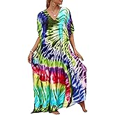 Bsubseach Kaftan Dresses for Women Plus Size Tie Dye Batwing Sleeve Caftans Swimsuit Coverup Maxi Dress Loungewear