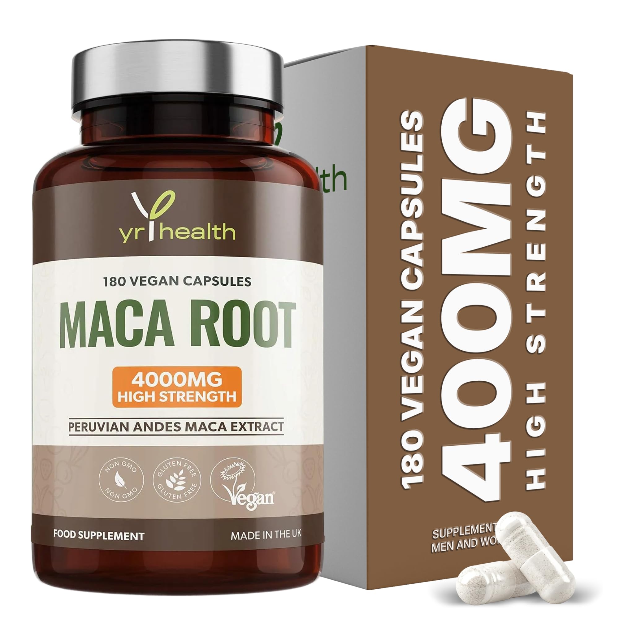 Maca Root Capsules 4000mg, 180 Vegan High Strength Peruvian Black Maca Extract Capsules, Sexual Health Supplement for Men and Women - Made in the UK by YrHealth