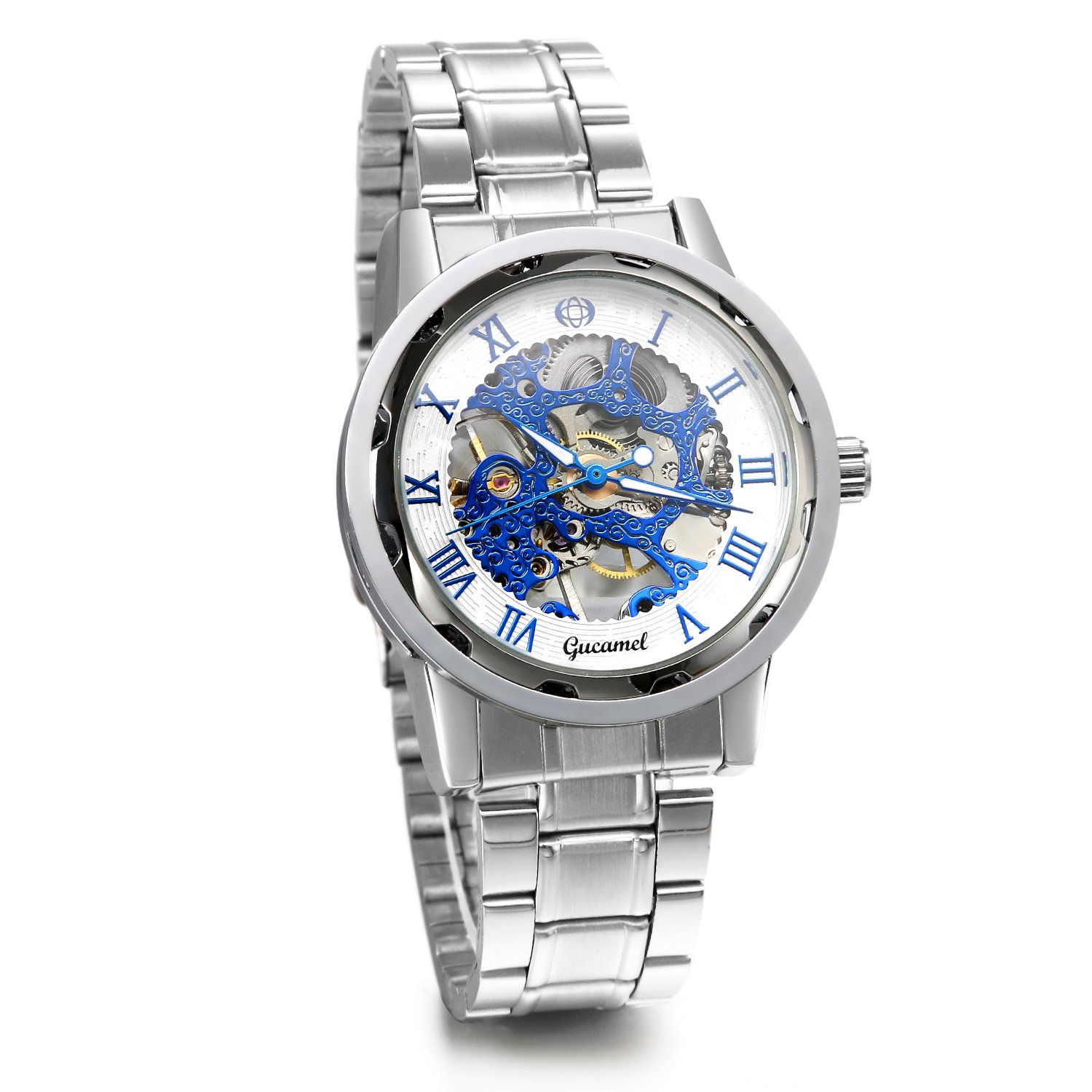 JewelryWe Stainless Steel Business Man Hollow Dial Roman Numeral Skeleton Mechanical Manual Winding Watch Bracelet Alloy with Gift Bag