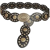 Bawnhaw Western Chunky Wide Disc Belt for Women Boho Hollow PU Leather Waist Cowgirl Belt for Dresses Jeans with Metal Buckle