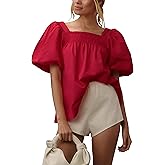 Tiko Miko Short Puff-Sleeve Dressy Blouses Smocked Square Ruffle Neck Loose Shirts Casual Womens Tops