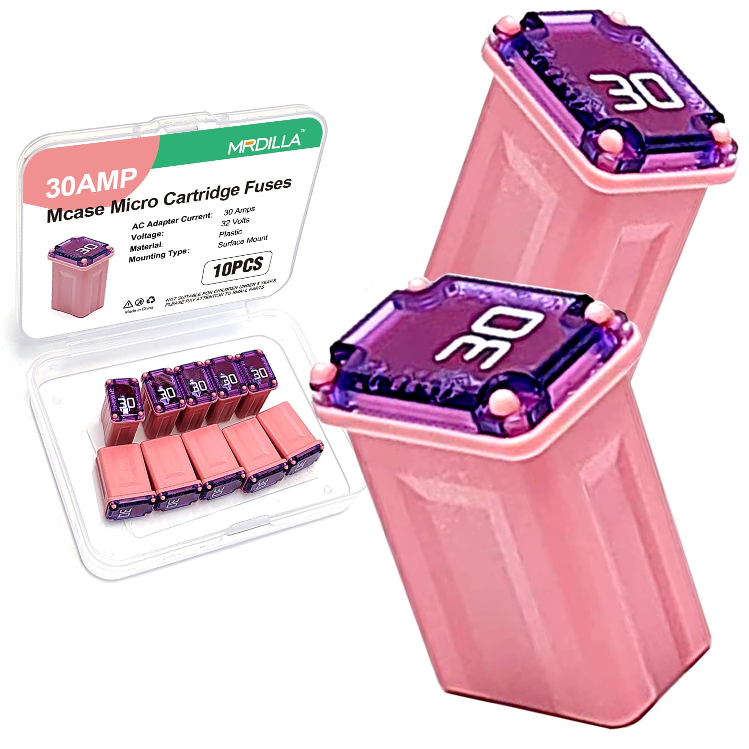 Photo 1 of 10PCS 30Amp Micro Cartridge Fuses, Low Profile FMM/MCASE Type 608830 Car Fuses for Car, SUV, Truck, Box-Shaped Blade