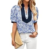 Cicy Bell Womens Floral Short Puff Sleeve Tops V Neck Patchwork Boho Summer Blouses Dressy Casual Shirts