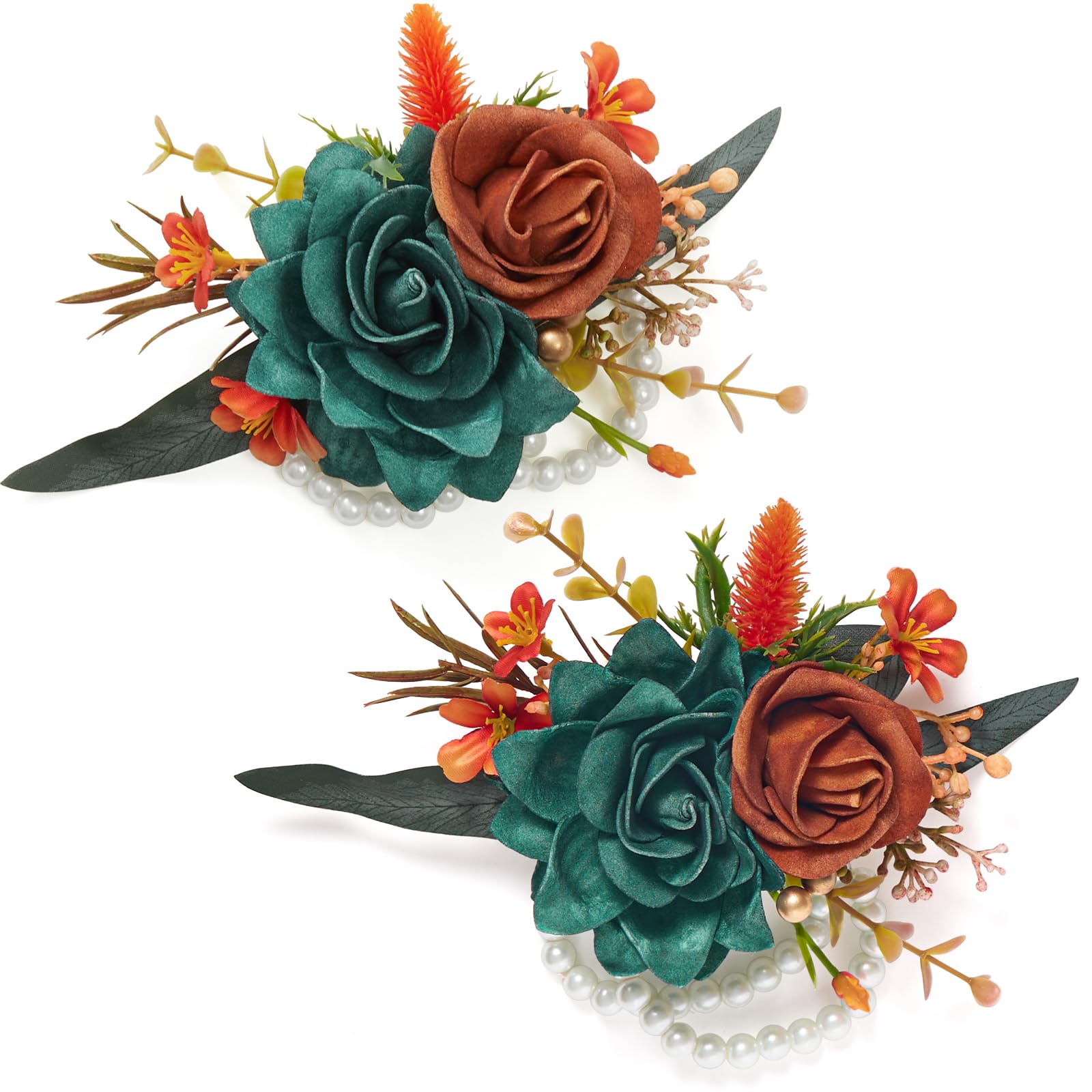 Photo 1 of *** FOAM FLOWERS**   Serwalin Set of 2 Wrist Corsage for Wedding, 6-7inch Corsages Wristlet for Bridesmaid Mother Grandmother, Artificial Flowers for Prom Ceremony Anniversary, Teal Orange