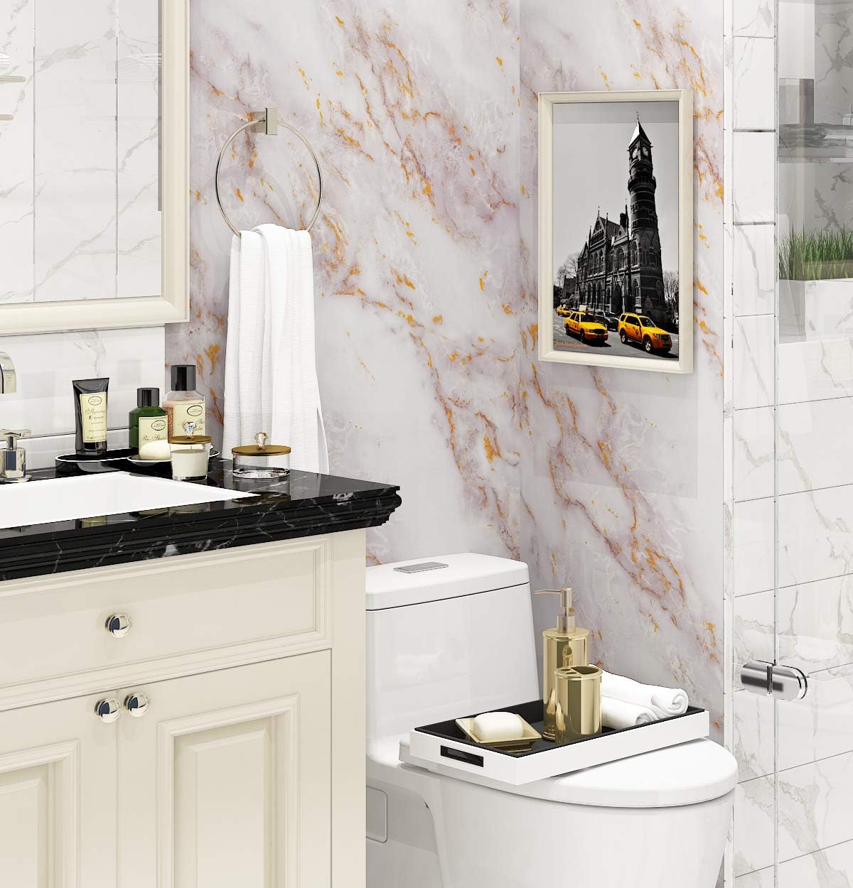 Livelynine Kitchen Worktop Covering Gold Marble Wallpaper Self Adhesive Vinyl Wrap for Worktops Contact Paper Marble Waterproof Kitchen Counter Top Desk Table Furniture Wallpaper Stone 40CMX200CM - Image 3