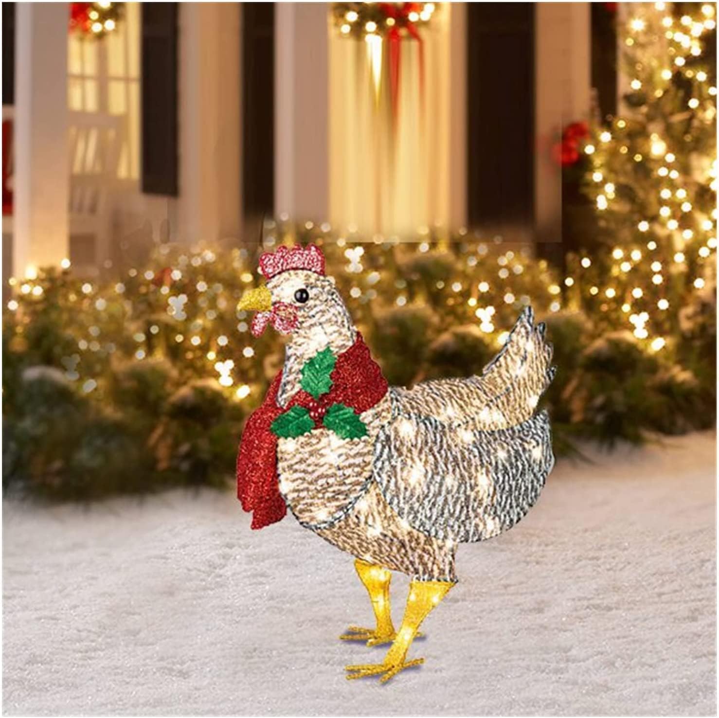 Decorative Garden Stakes - Light-Up Chicken with Scarf Holiday Christmas Decoration Chicken Christmas Ornaments LED with Mini Lights, Rooster Animal Garden Stakes for Ground Lawn Outdoor Decor 7.9x12inch
