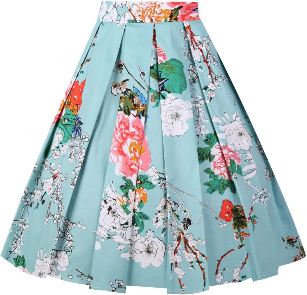 Girstunm Women's Pleated Vintage Skirt Floral Print A-line Midi Skirts with Pockets