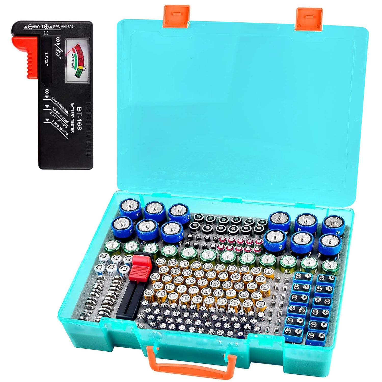 Battery Organizer Case With Tester - Holds 98 Batteries In Compartments