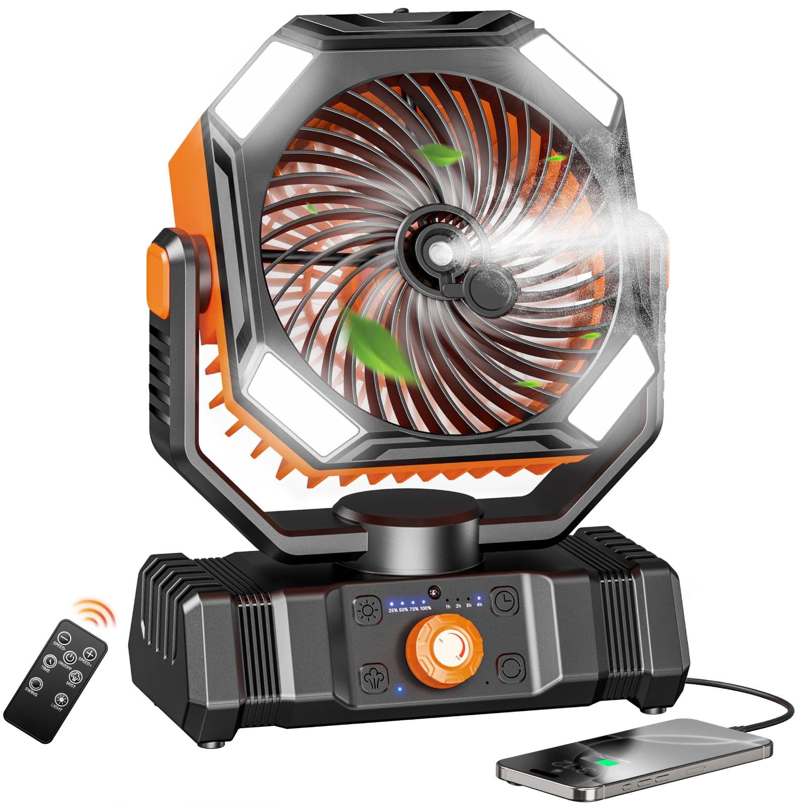 Photo 1 of SWEETFULL Portable Fan with Mist, 20000mAh Battery Powered Misting Fan Rechargeable with 300ml Water Tank & LED Lanter, Remote Auto Oscillating Table Fan with Hook for Travel Tent Beach (Orange)