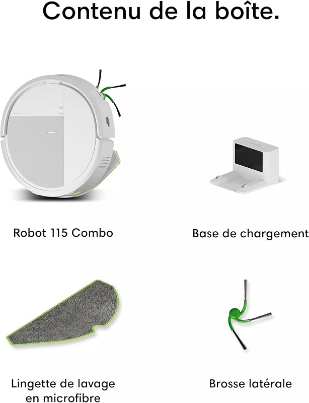 Roomba 115 Combo - Robot Aspirateur Laveur 2en1 - Puissance d'Aspiration de 15KPa - Brosse latérale étendue - Lingette de Lavage déportée - Navigation LiDAR - Blanc