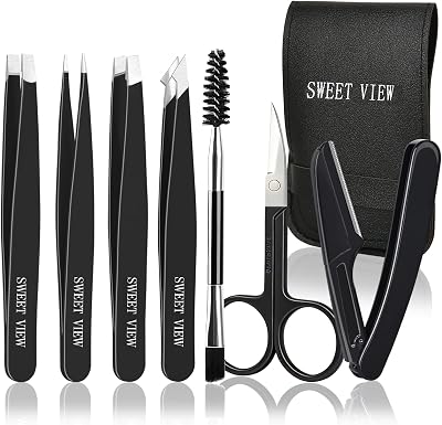 SWEET VIEW 7pcs Eyebrow Tweezers Kit with Brow Scissors Razor Spoolie Leather