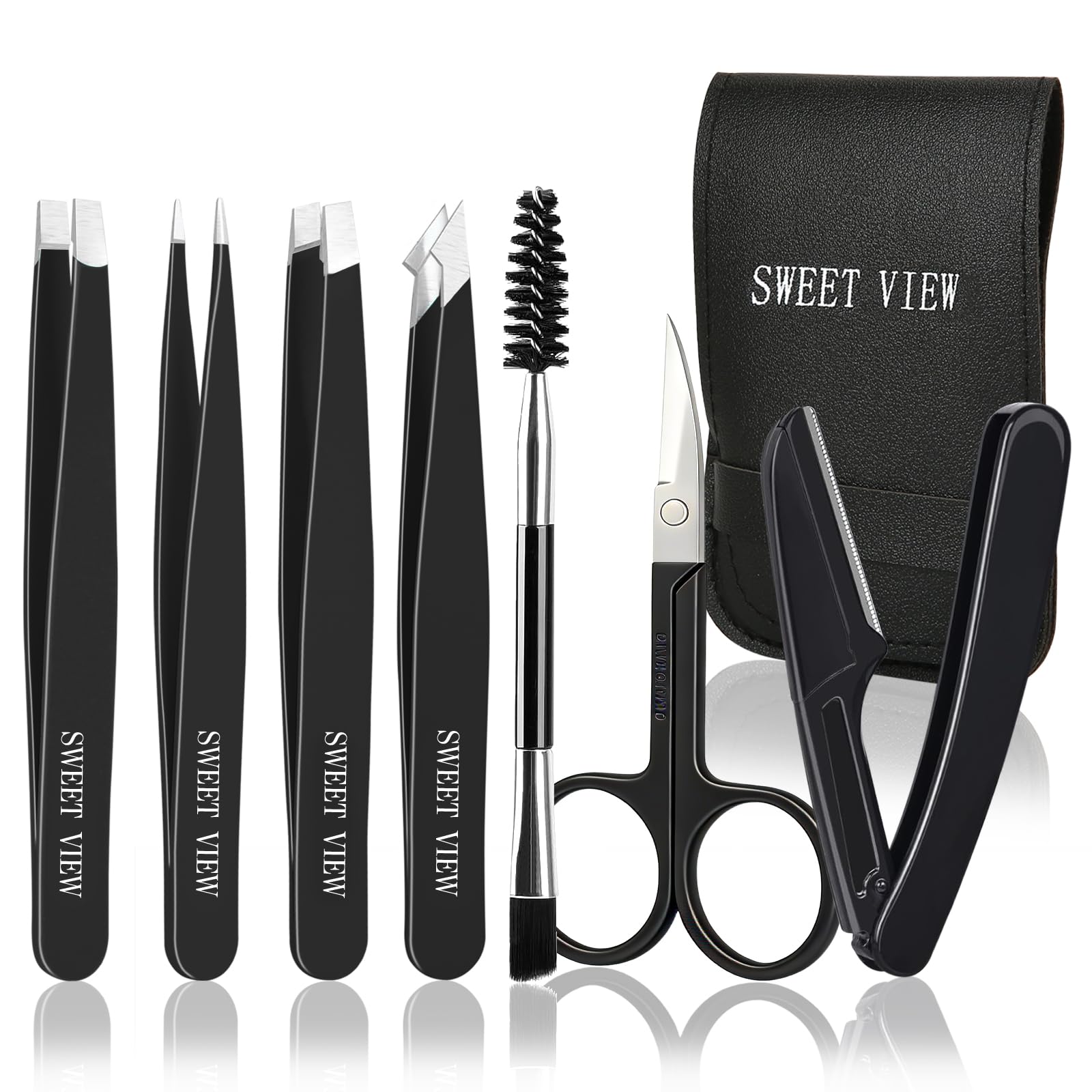 SWEET VIEW 7pcs Eyebrow Tweezers Kit for Women Precision Plucker with Brow Scissors & Razor & Spoolie for Facial, Chin, Brow, Splinter and Ingrown Hair