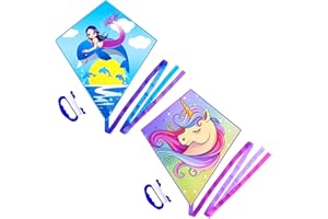 YFAFENGS 2 Packs (Unicorn Kite+Mermaid Kite) Diamond Kite for Kids Easy Flyer Kite with Line and Handle