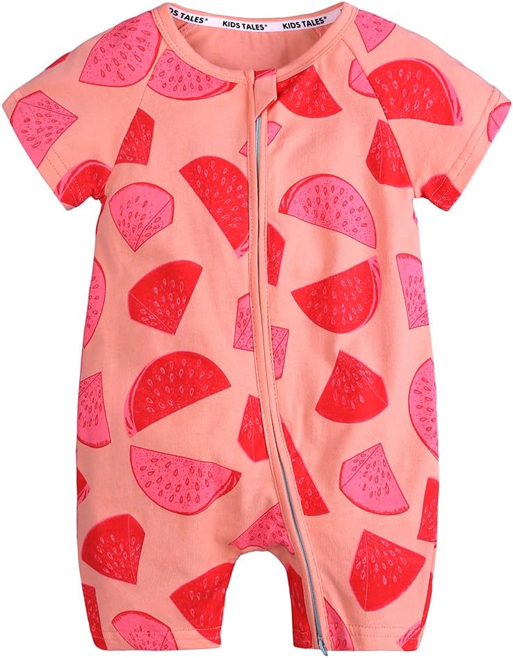 Baby Girls Short Sleeve Cotton Pajamas Infant Graphic Zipper Romper