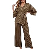 VibeVista Striped Pajamas for Women Set Kimono Lounge Sets 2 Piece Long Sleeve Pajama Tops and Pants Outfits with Belt